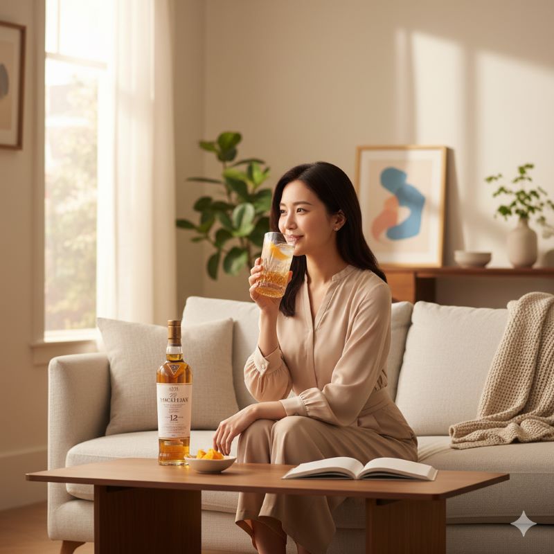 休日の昼下がり、自然光が差し込む明るいリビングで、リラックスしてマッカランのハイボールを楽しんでいる日本人女性