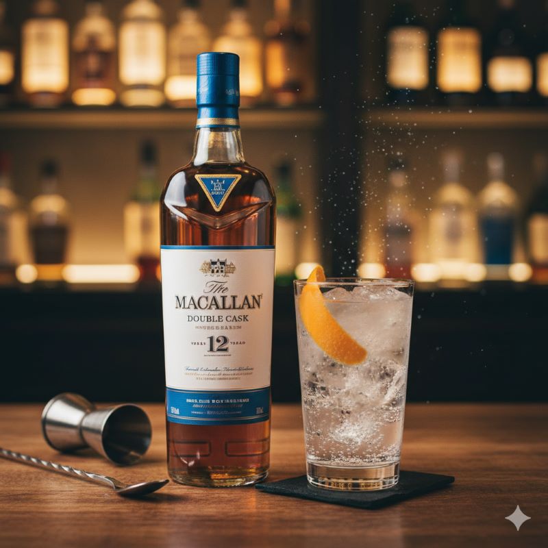 木製のテーブルの上に置かれた、青と金のラベルが特徴的なプレミアムウイスキーのボトルと、透明なロックアイスが入ったハイボールグラス。