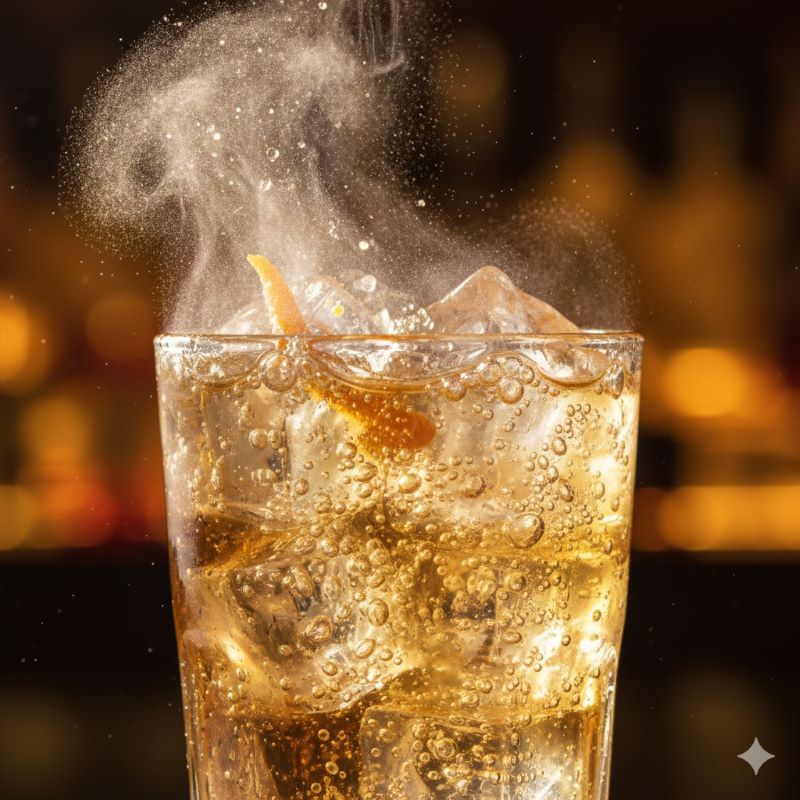 ウイスキーハイボールの炭酸が弾ける瞬間の拡大写真。黄金色の液体の中で泡が立ち上り、香りが広がる様子を表現。