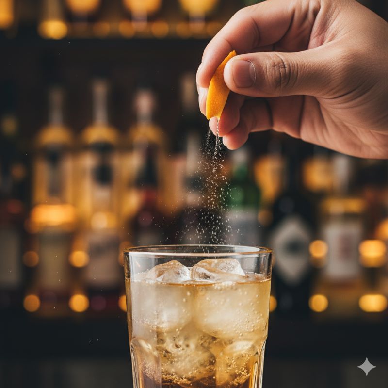 グラスの上でオレンジピールを絞り、香り付けをする手元のアップ。本格的なハイボール作りの仕上げの工程。