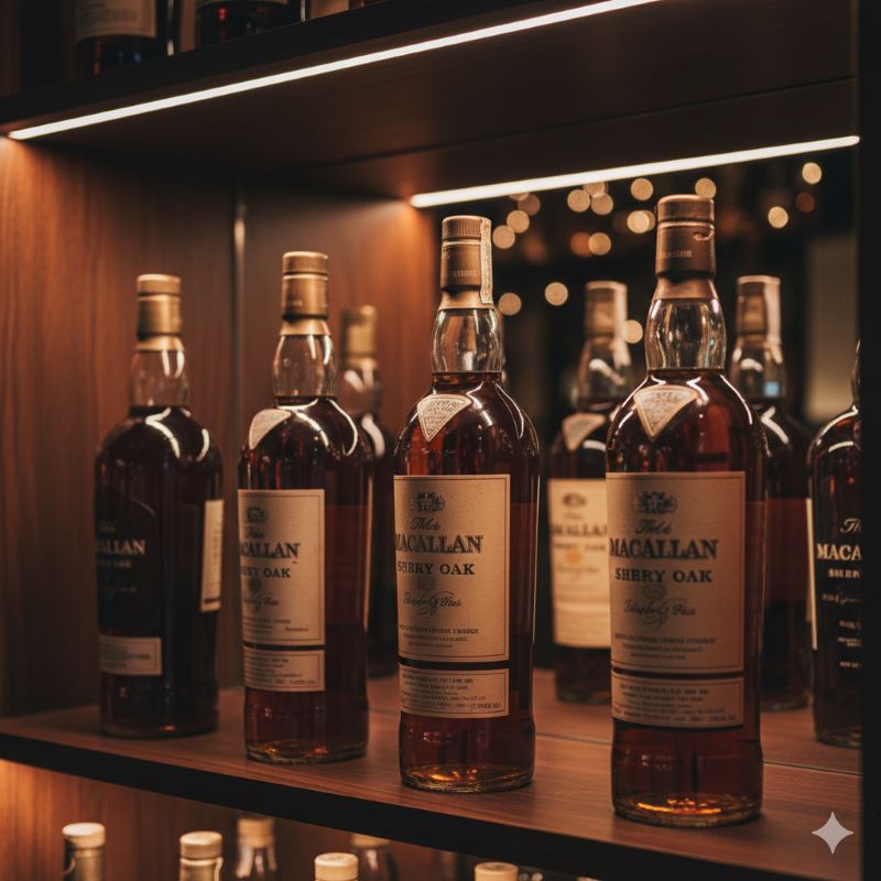 高級な木製の棚に飾られた、資産価値を感じさせる重厚なウイスキーボトル。コレクションとしての魅力を表現。