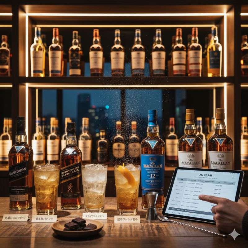 夜のリビングルームで、ハイボールとダークチョコレートを用意してくつろぐ、上質な家飲みのシーン。