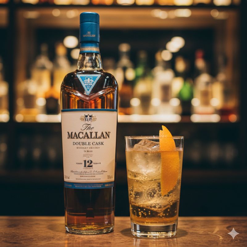 重厚な木製カウンターの上に置かれたマッカラン・ダブルカスクを想起させる青と金のアクセントがあるウイスキーボトルと、氷が美しく輝くハイボールグラス。