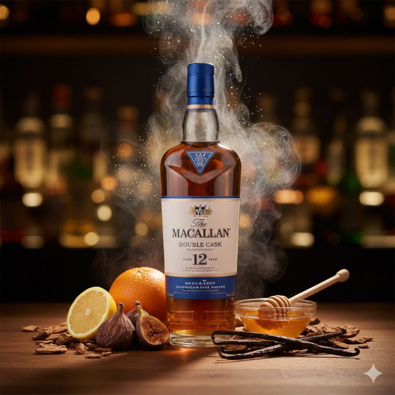 マッカラン・ダブルカスクの特徴であるアメリカンオーク樽由来のバニラや柑橘の香りを視覚的に表現した、ウイスキーボトルとフレーバー要素のイメージカット。
