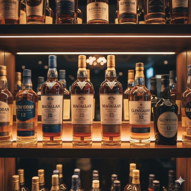 高級バーの棚に並ぶ数々のプレミアムウイスキーの中で、一際存在感を放つマッカランのボトル。他の銘柄と比較しても際立つラグジュアリーな魅力を表現。