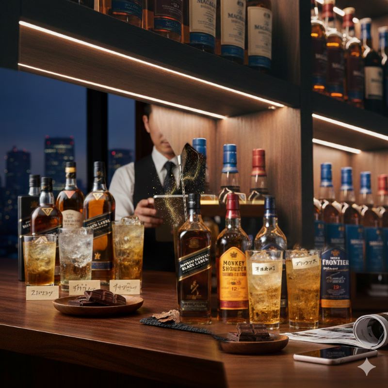自宅の落ち着いた空間で、マッカランのハイボールを満足そうに楽しむ日本人男性。賢く贅沢な家飲みのライフスタイルをイメージ。