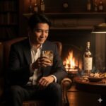 暖かな照明の部屋で、オレンジピールを添えたマッカラン入りのグラスを満足げに見つめる日本人男性