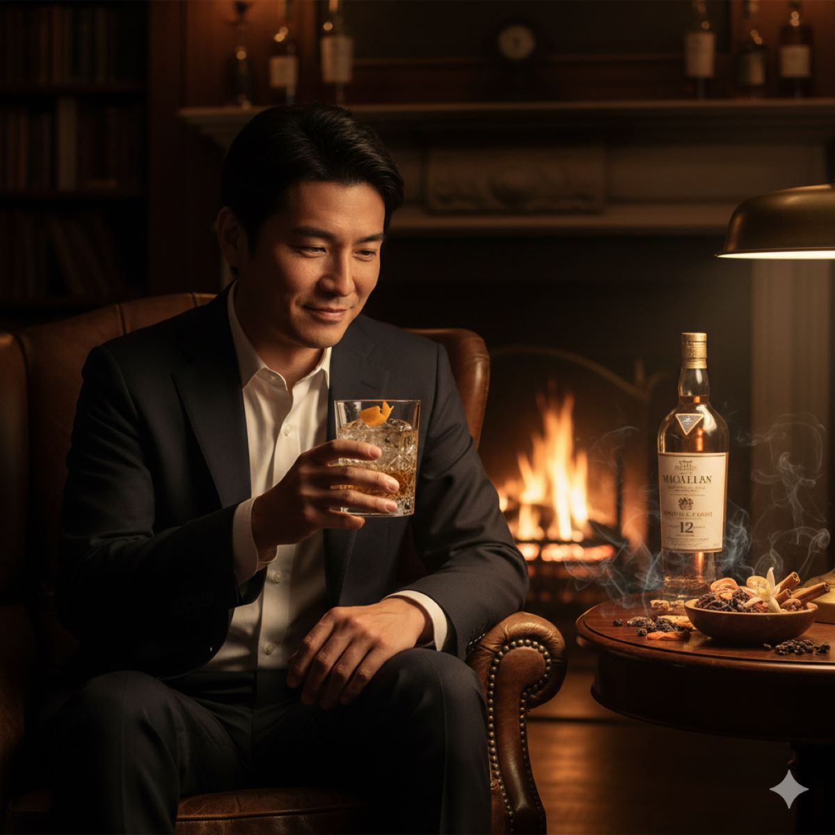 暖かな照明の部屋で、オレンジピールを添えたマッカラン入りのグラスを満足げに見つめる日本人男性