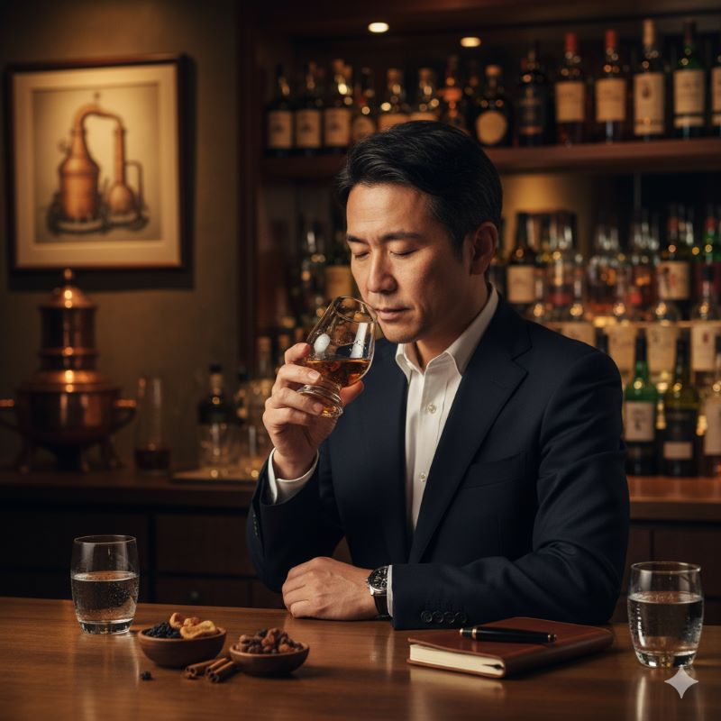 グラスに注がれたウイスキーの香りを愉しむ日本人男性