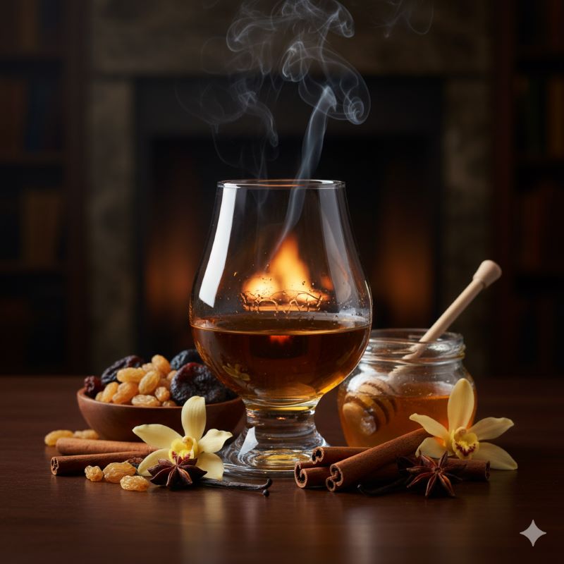 ウイスキーグラスの周囲に配置されたドライフルーツ、シナモン、バニラなどの香味イメージ