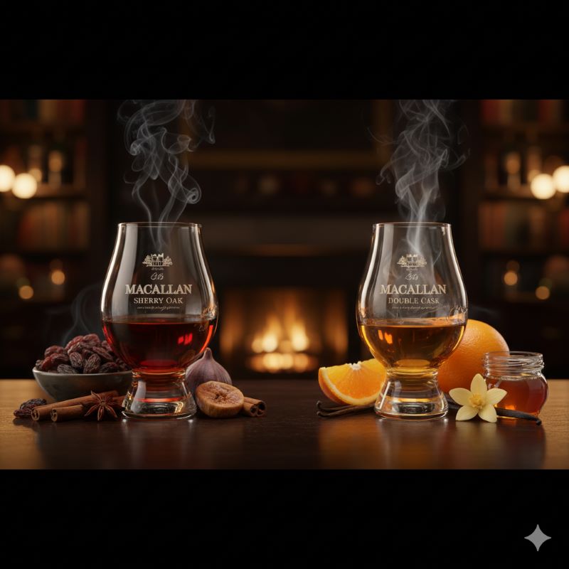 濃厚なシェリーオークと軽やかなダブルカスクを表現した2つのウイスキーグラスの対比