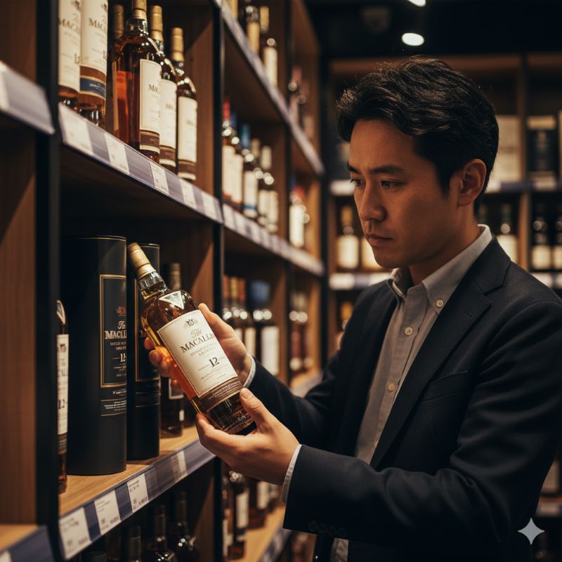 酒屋の棚に残った数少ないウイスキーボトルを真剣に選んでいる日本人男性