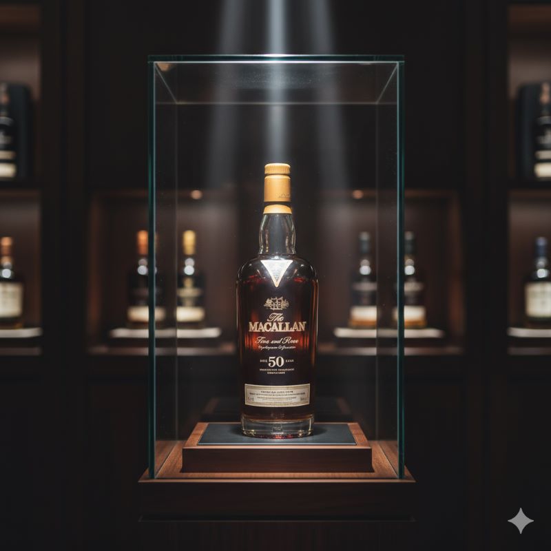 高級感あふれるライティングで展示された資産価値の高いウイスキーボトル