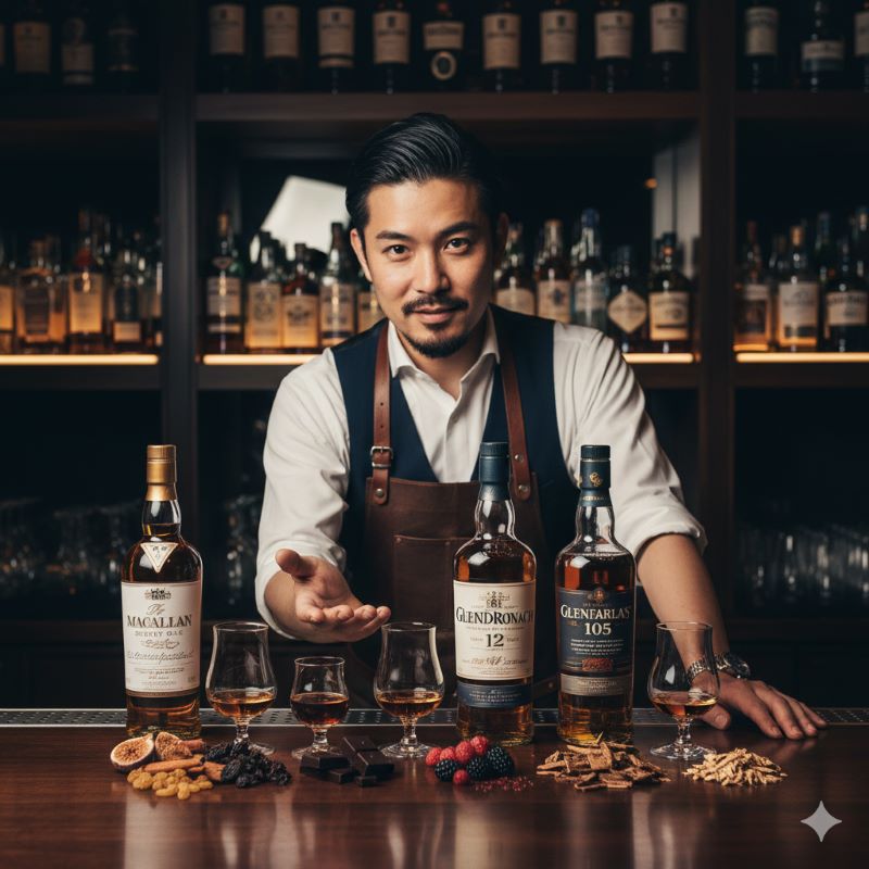 バーカウンターで数種類のシェリー系ウイスキーを比較提案する日本人バーテンダー