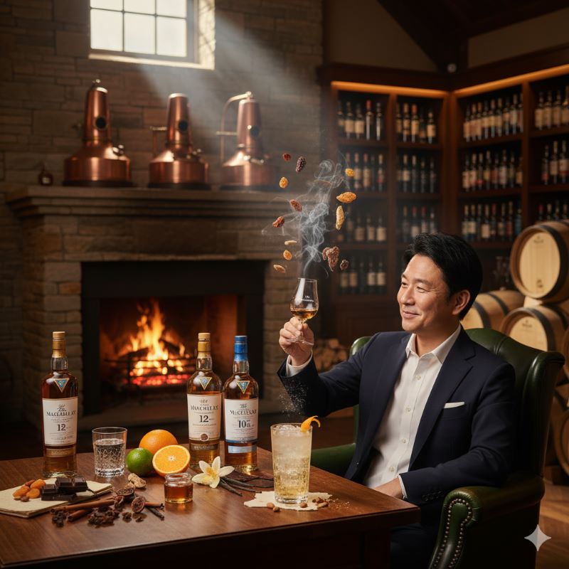 マッカランの価値の源泉である樽熟成の背景と、その芳醇な香りをグラスで楽しむ日本人男性のイメージ