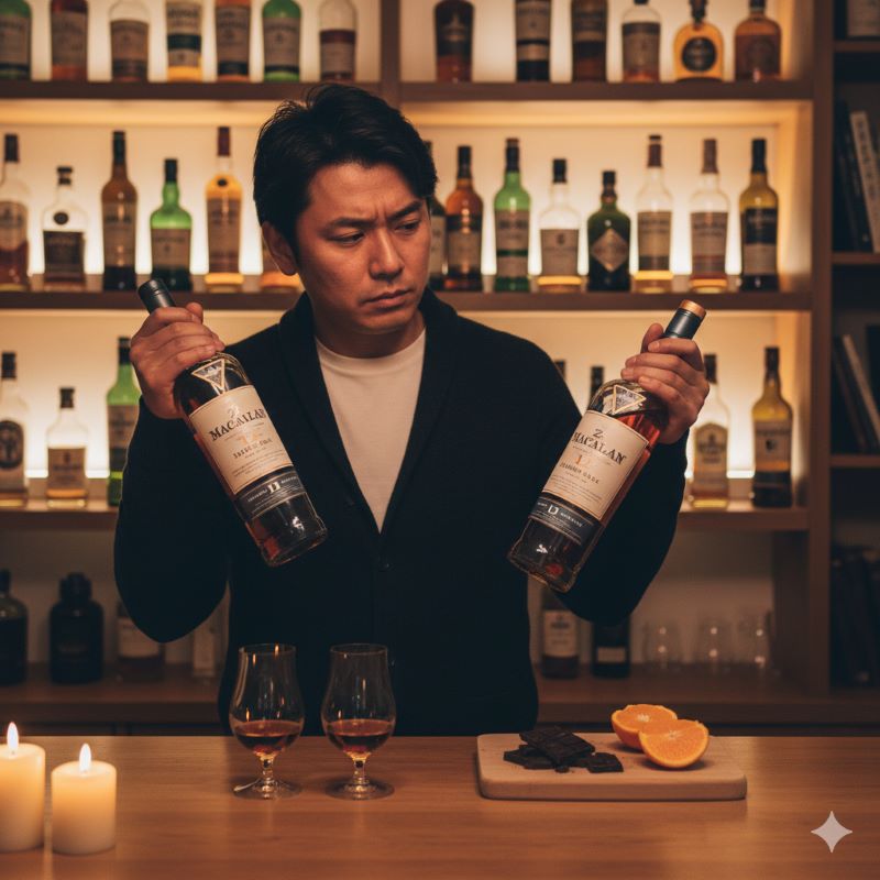 自宅のバーカウンターで2種類のウイスキーボトルを見比べながら、どちらを選ぶか真剣に悩んでいる日本人男性の様子