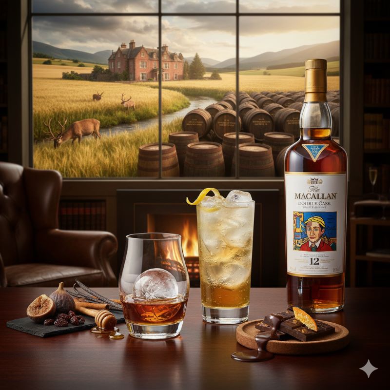 スコットランド・スペイサイド地方の美しい丘陵地帯に建つ、マッカランの象徴であるイースター・エルキー・ハウスのような歴史的な邸宅と大麦畑の風景