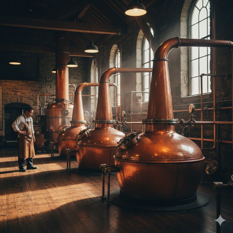 ウイスキー蒸溜所内部にある、独特の小ささと形状を持つ銅製のポットスチル（蒸溜釜）が並んでいる様子