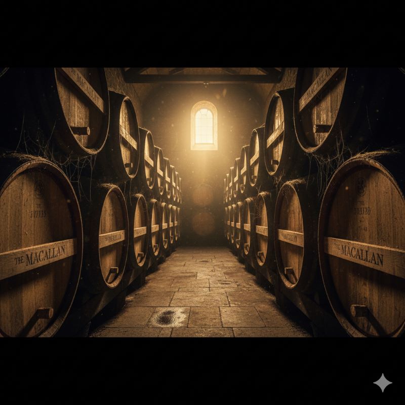 薄暗い熟成庫の中で静かに眠る、シェリー酒のシーズニングが施された大量のオーク樽の列