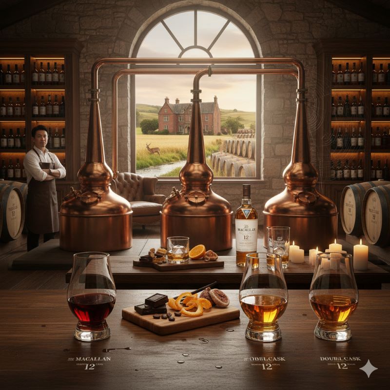 テーブルの上に並べられた2つのウイスキーグラス。左は濃厚なマホガニー色（シェリーオーク）、右は明るい琥珀色（ダブルカスク）で、天然色の違いを比較している様子