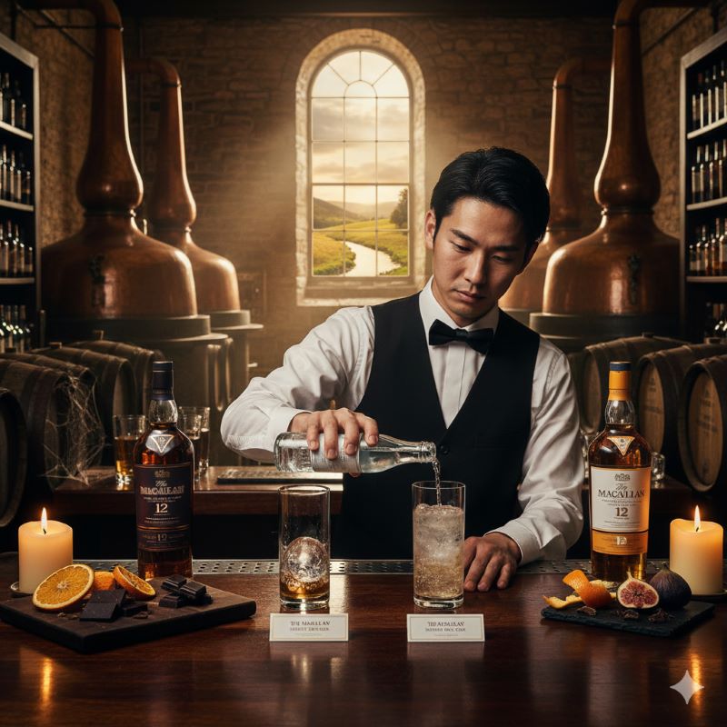 バーカウンターで、大きな透明な氷が入ったグラスに丁寧にソーダを注ぎ、絶品のハイボールを作っている日本人バーテンダーの手元