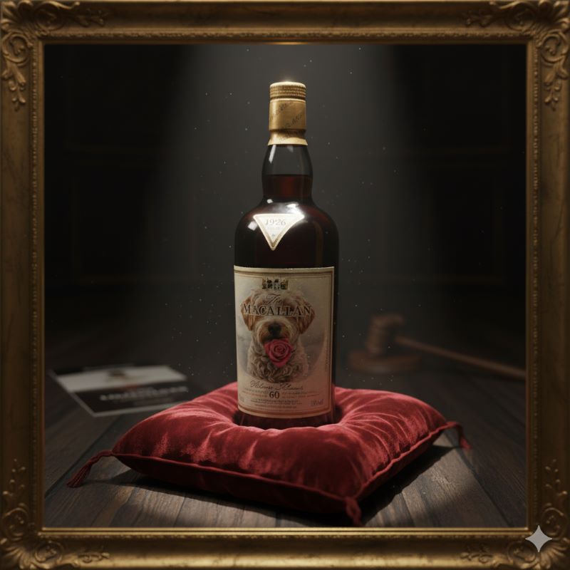 高級感のあるベルベットの上に置かれた、希少価値の高さを感じさせるヴィンテージウイスキーのボトル。投資対象としての価値を表現