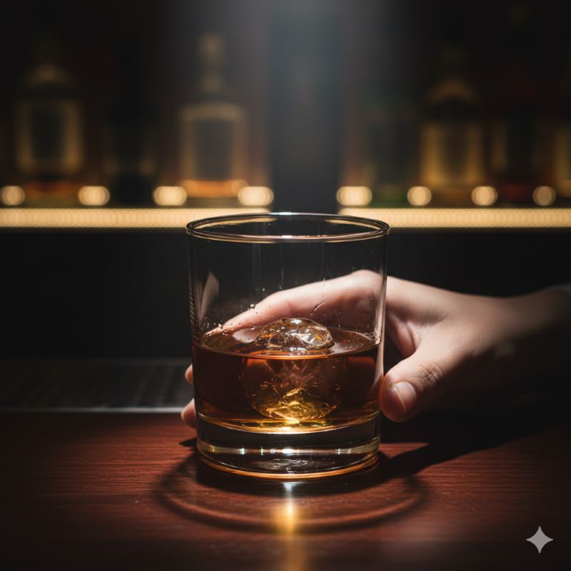 高級感あふれる薄暗いバーのカウンターに置かれた、輝く琥珀色のウイスキーが入ったクリスタルグラス。「飲む宝石」としてのマッカランのラグジュアリーな雰囲気を表現。