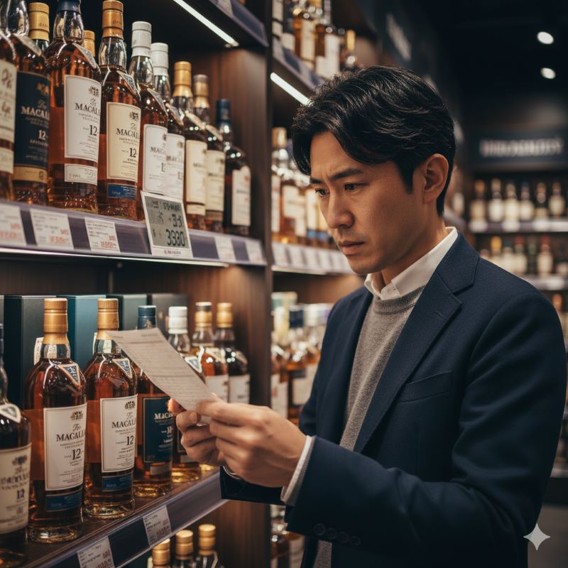 酒屋の陳列棚に並ぶウイスキーボトルを眺めながら、価格表を見て考え込んでいる日本人の買い物客。価格高騰の現実と購入への迷いを表現。