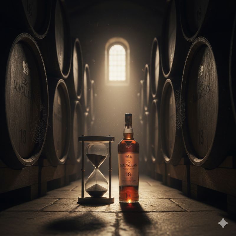 静寂に包まれた熟成庫の中で、長い年月を刻む砂時計と、年季の入ったシェリー樽のそばに佇むウイスキーボトル。18年という歳月が生む希少性と原酒不足の背景を象徴的に表現。