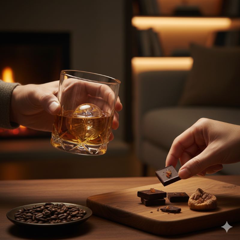 自宅のリビングで、上質なチョコレートをつまみにウイスキーを楽しみながらリラックスしている日本人の手元。日常の中の特別なご褒美としてのマッカランのある生活シーン。