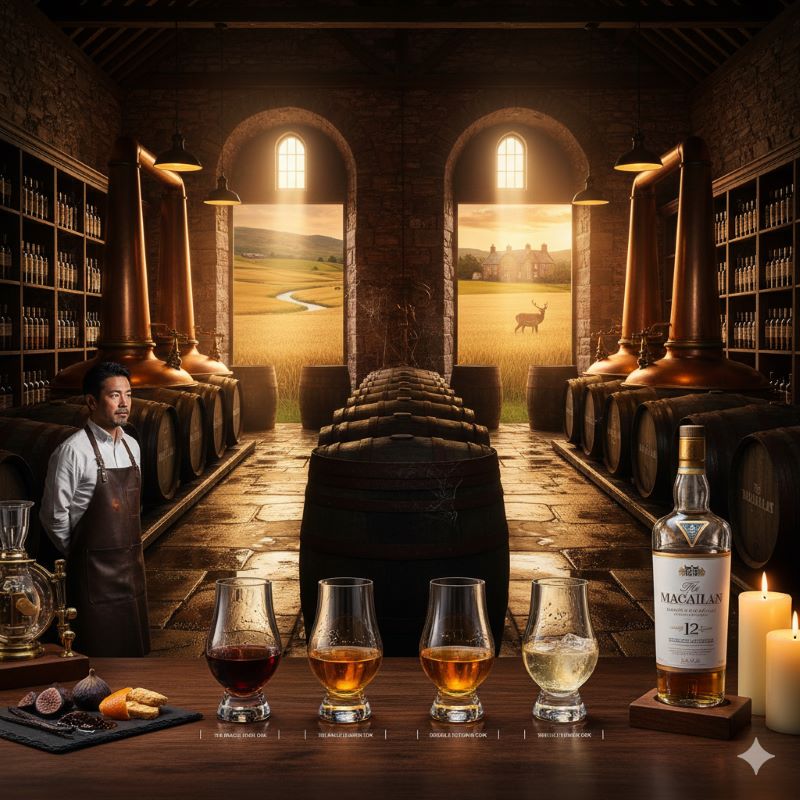 蒸溜所の静寂な空間で、真鍮製のスピリットセーフ（検度器）の中を流れる透明な原酒を、真剣な眼差しで確認している日本人の職人（スチルマン）。「ファイネスト・カット」と呼ばれる、全体のわずか16%しか抽出しない厳格な品質管理の様子。