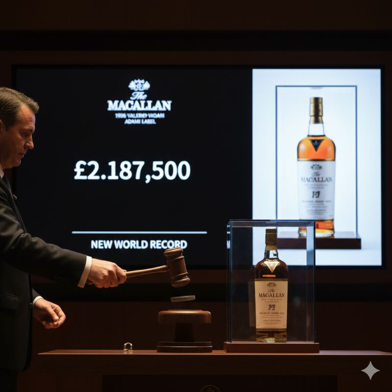 国際的なオークション会場の緊迫した雰囲気の中、木槌（ガベル）が振り下ろされた瞬間。背景にはモニターに映し出された天文学的な落札価格と、伝説のボトル「マッカラン1926」のシルエット。資産としての圧倒的な価値を表現。