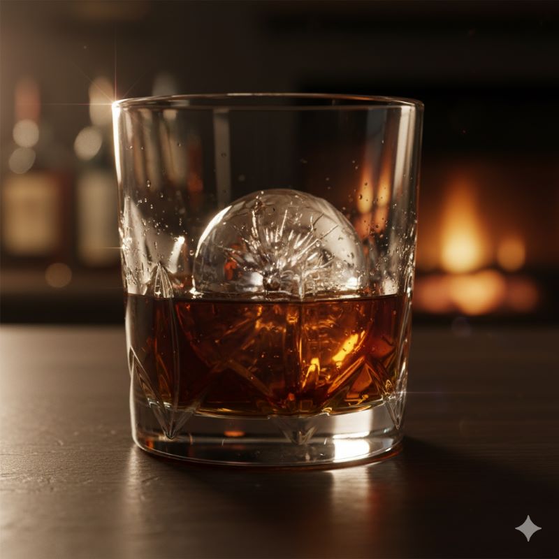 重厚なロックグラスの中で、美しく削られた丸い氷（アイスボール）が琥珀色のウイスキーに浮かんでいるクローズアップ。氷がゆっくりと溶け出し、液面が輝いているシズル感あふれる一枚。オン・ザ・ロックでの贅沢な時間を表現。
