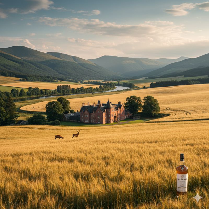 スコットランド・スペイサイド地方の雄大な自然の中に佇む、マッカランの象徴的な邸宅「イースター・エルキー・ハウス」と、黄金色に輝く大麦畑の風景。ブランドの歴史的背景とテロワールを表現。