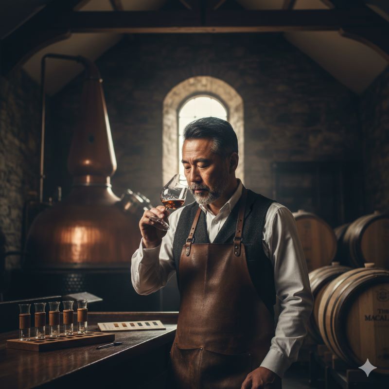 ウイスキー蒸溜所内で、真剣な眼差しでグラスに注がれた原酒の色味と香りをチェックする日本人の熟練職人。マッカランの「6つの柱」である「天然色」や「卓越した職人技」へのこだわりを表現。