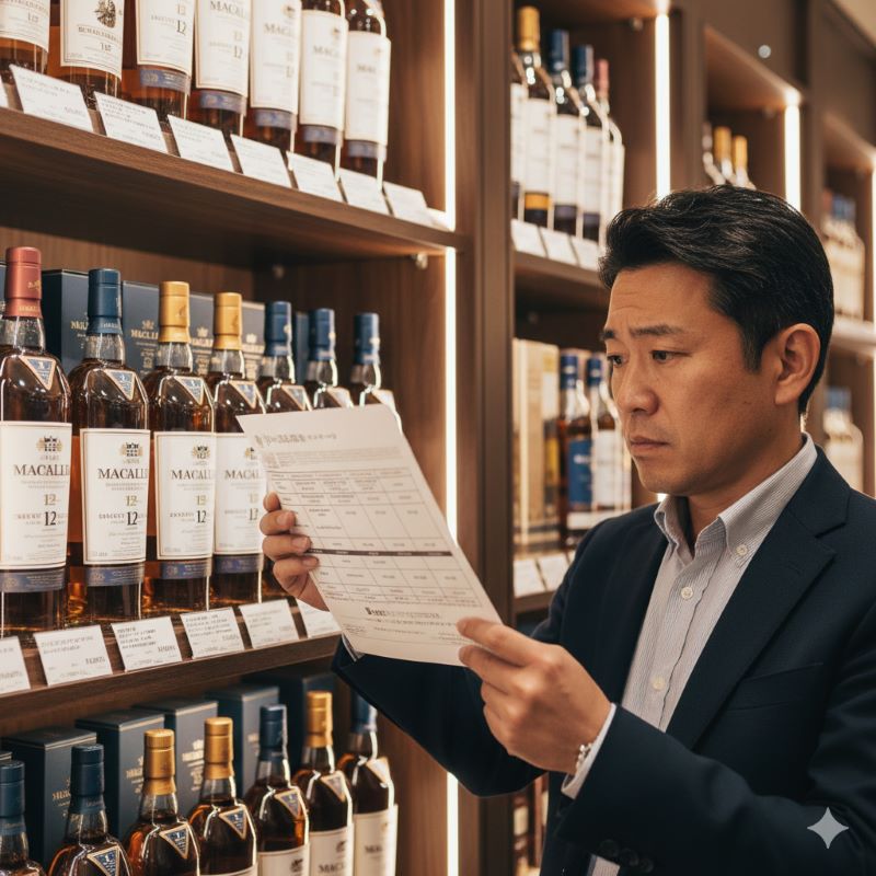 高級感のある日本の酒販店の棚に並ぶウイスキーボトルと、価格を確認しながら購入を検討している日本人男性の様子。2025年の価格改定による市場の高級化と消費者の心理を表現。