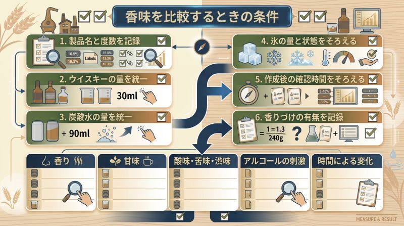 ウイスキーと炭酸水の量、氷、温度、確認時間、香りづけの有無をそろえて香味を比較するチェックリスト