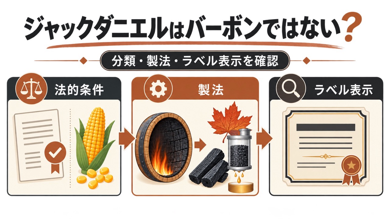 ジャックダニエルの分類・製法・ラベル表示を確認するための図