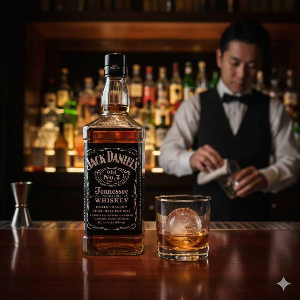 落ち着いた照明のバーカウンターに置かれたジャックダニエルのボトルとロックグラス