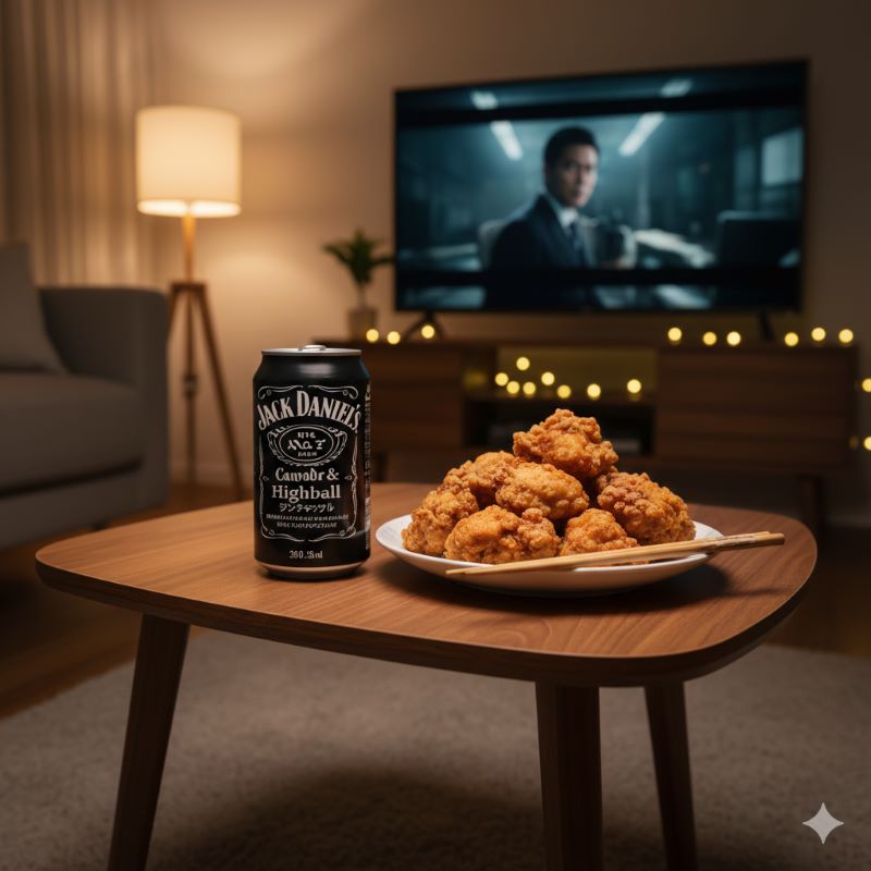 リビングのテーブルに置かれた黒い缶のハイボールと、おつまみの唐揚げ