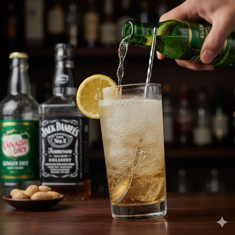 グラスに入ったウイスキーと氷に、炭酸が弾けるジンジャーエールを静かに注いでいる様子