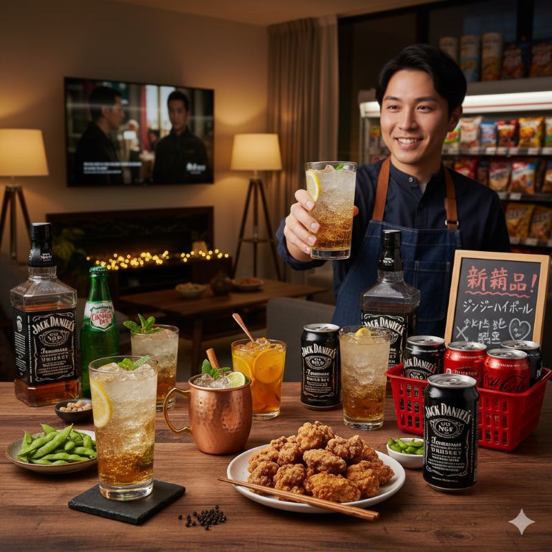 食卓に置かれたジャックダニエル＆カナダドライの缶ハイボールと、おつまみの唐揚げ