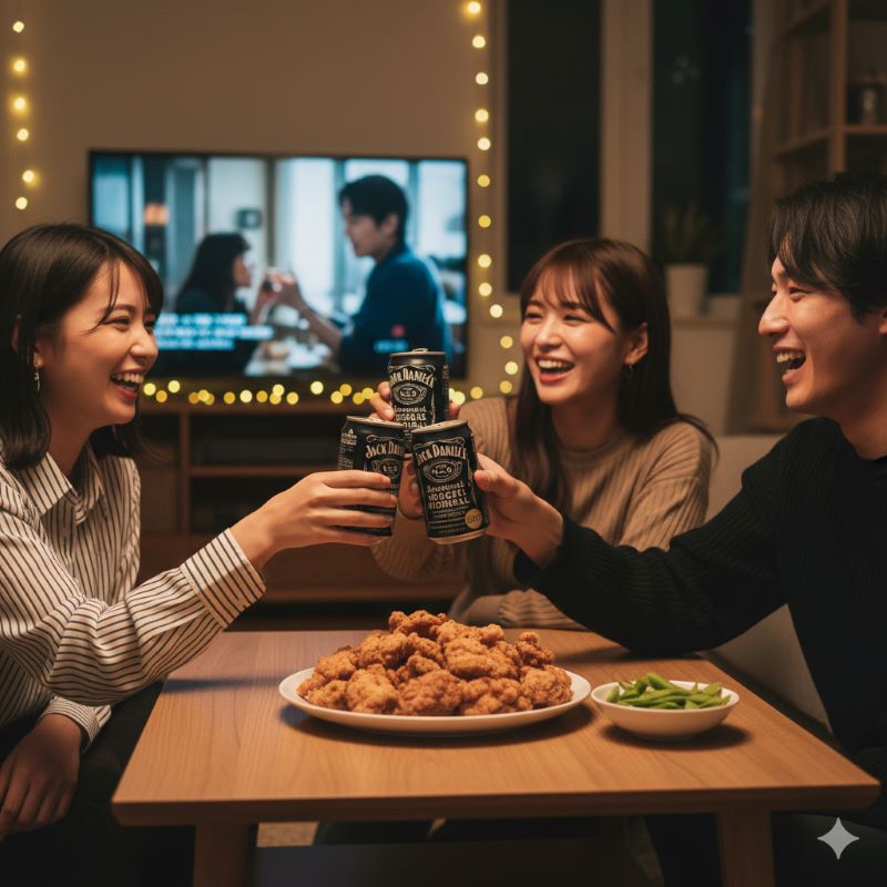 友人たちとのホームパーティーで、ジャックダニエルのジンジャーハイボール缶を飲みながら談笑している楽しげな様子