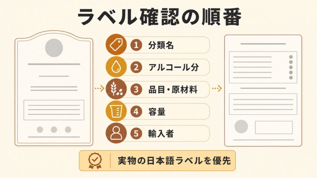 分類名・アルコール分・品目・原材料・容量・輸入者をラベルで確認する順番を示す図
