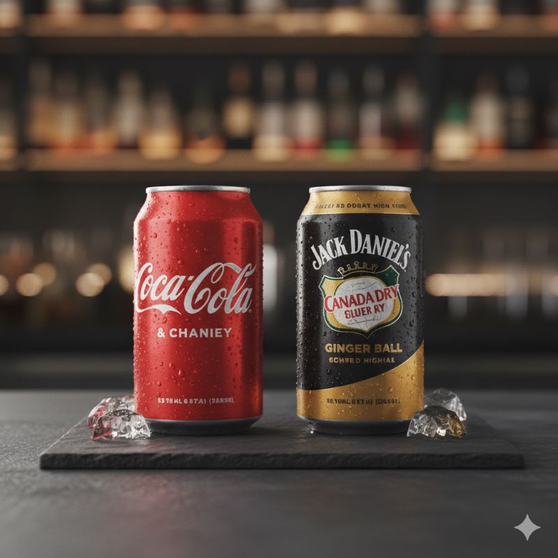 ジャックダニエル＆コカ・コーラ（赤）と新作のジャックダニエル＆カナダドライ（金）が並んでいるイメージ