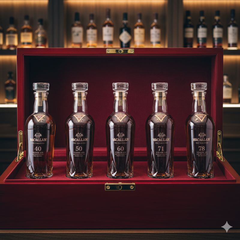 高級感あふれる赤い木箱に収められた、熟成年数の異なるマッカラン・レッド・コレクションのボトルラインナップ