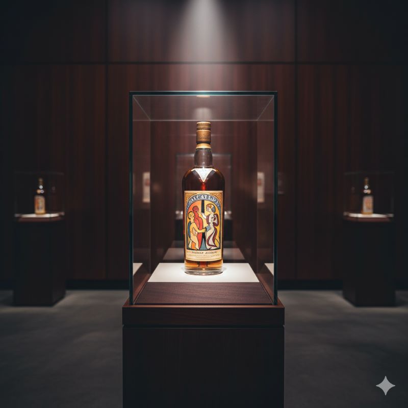 美術館のような展示台にスポットライトを浴びて飾られた、歴史的価値を持つ1926年ヴィンテージの希少なウイスキーボトル