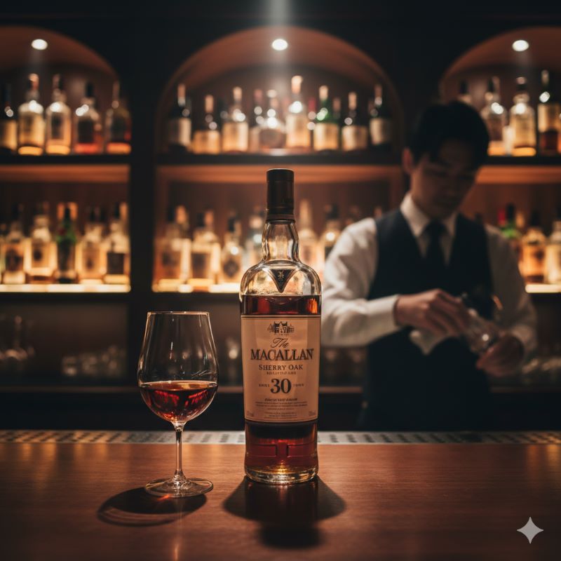 オーセンティックバーのカウンターに置かれた、濃厚なマホガニー色のシェリーオーク30年とクリスタルグラス、背景に日本人のバーテンダー