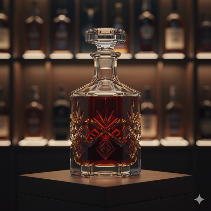 複雑なカッティングが施されたラリック社製のクリスタルデキャンタと、その中で輝く長期熟成ウイスキーの美しい琥珀色