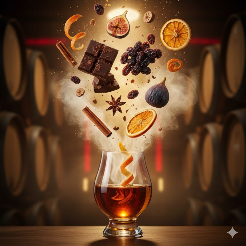 シェリー樽熟成の特徴であるダークチョコレート、ドライフルーツ、スパイス、オレンジなどの芳醇な香りをイメージしたイメージカット